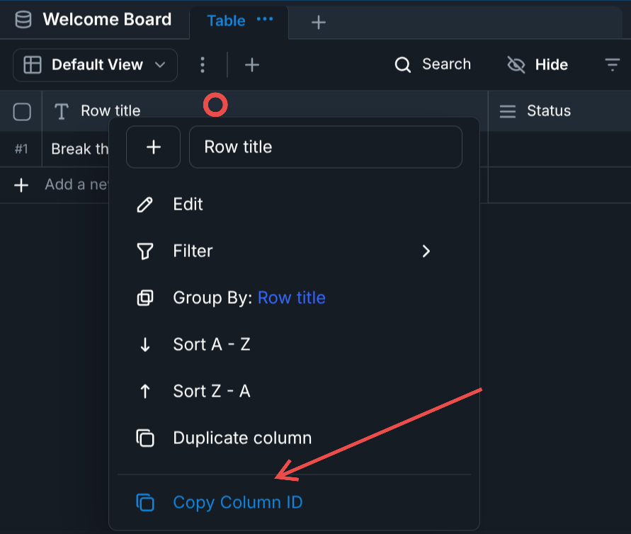 Right-click on column